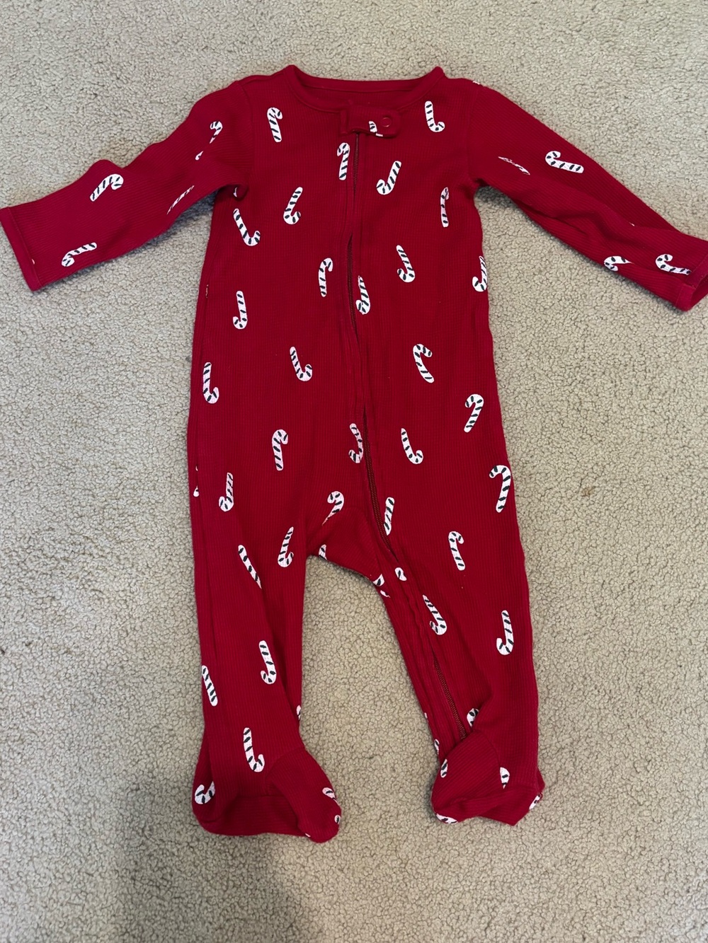 Carters Red Footed One-Piece with White Candy Cane Print- 9 months
